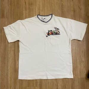 VintageWarner Bros.Cream Ringer Pocket T‑Shirt with Cartoon Character Embroidery